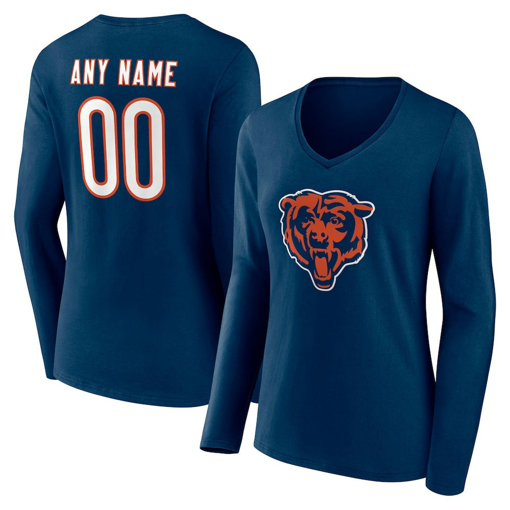 Chicago Bears Women's Team Authentic Personalized Name & Number Long Sleeve V-Neck T-Shirt - Navy T-shirts