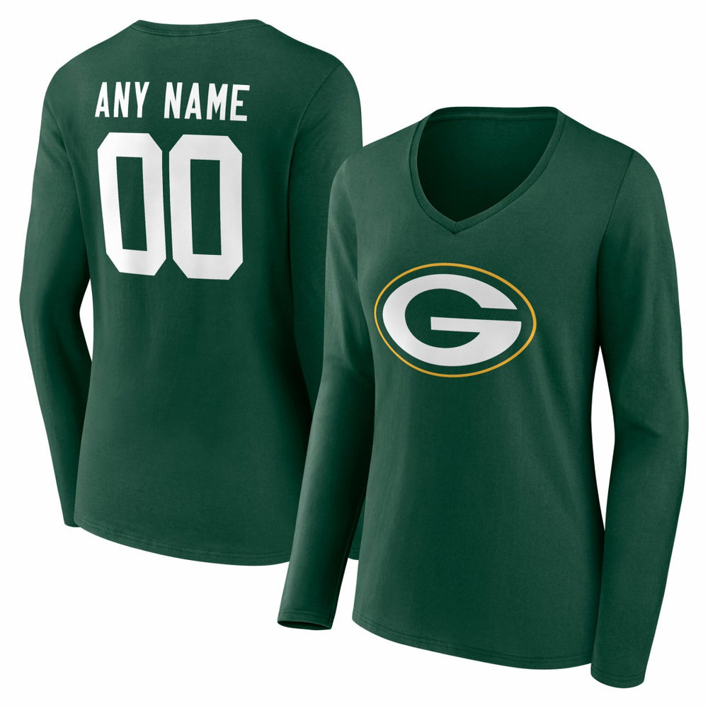 Green Bay Packers Women's Team Authentic Personalized Name & Number Long Sleeve V-Neck T-Shirt - Green T-shirts