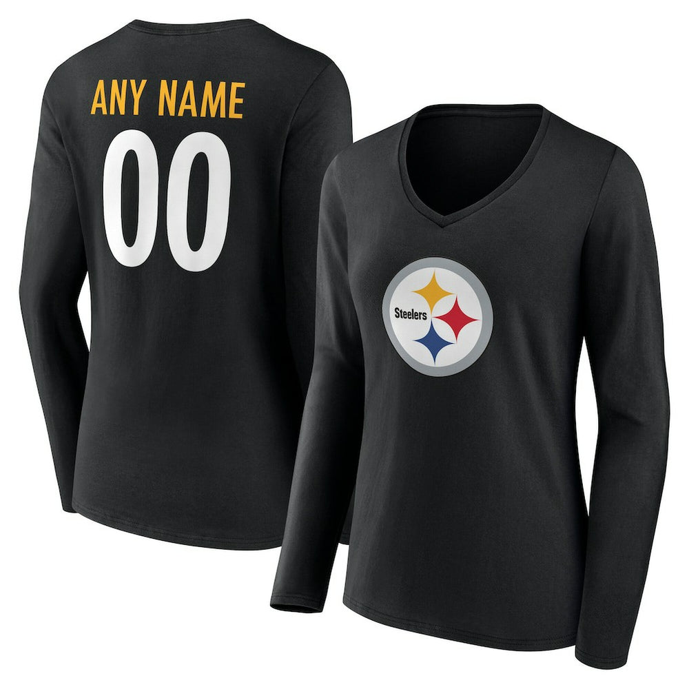 Pittsburgh Steelers Women's Team Authentic Personalized Name & Number Long Sleeve V-Neck T-Shirt - Black T-shirts