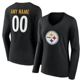 Pittsburgh Steelers Women's Team Authentic Personalized Name & Number Long Sleeve V-Neck T-Shirt - Black T-shirts