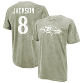 Lamar Jackson Baltimore Ravens Majestic Threads Mineral Wash Name & Number T-Shirt - Moss Green T-shirts