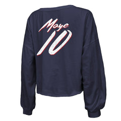 Drake Maye New England Patriots Majestic Threads Women's Off-Shoulder Script Name & Number V-Neck T-Shirt - Navy T-shirts