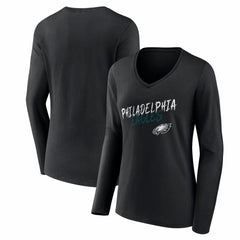 Philadelphia Eagles Women's Hustle Long Sleeve V-Neck T-Shirt - Black T-shirts