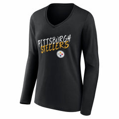 Pittsburgh Steelers Women's Hustle Long Sleeve V-Neck T-Shirt - Black T-shirts