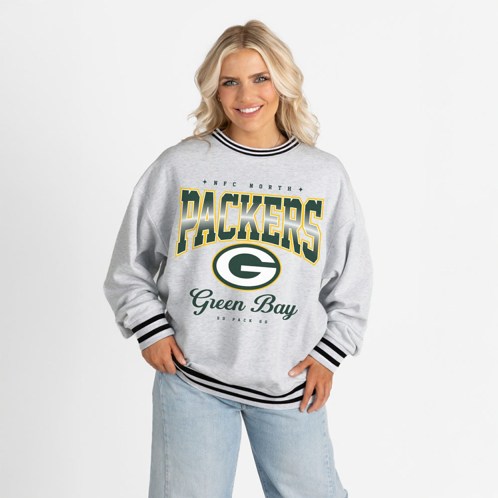 Green Bay Packers Gameday Couture Women's Oversized Gridiron Drive Ringer Stripe Sweatshirt - Ash/Black Sweatshirts