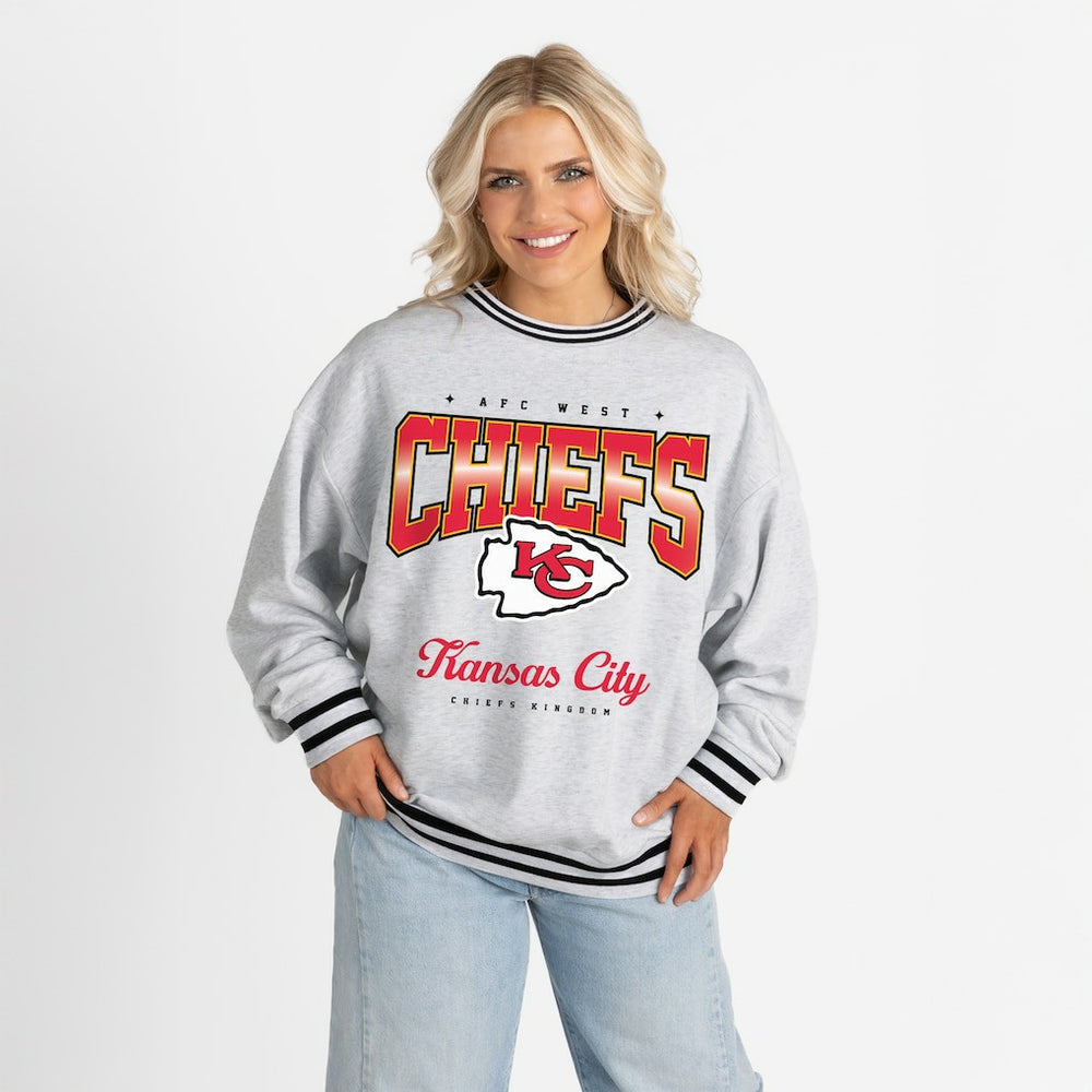 Kansas City Chiefs Gameday Couture Women's Oversized Gridiron Drive Ringer Stripe Sweatshirt - Ash/Black Sweatshirts
