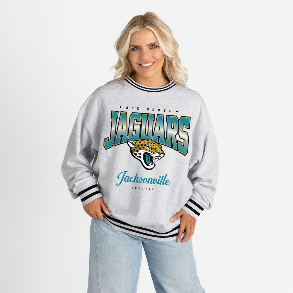 Jacksonville Jaguars Gameday Couture Women's Oversized Gridiron Drive Ringer Stripe Sweatshirt - Ash/Black Sweatshirts