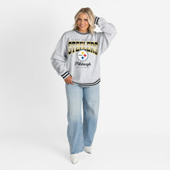 Pittsburgh Steelers Gameday Couture Women's Oversized Gridiron Drive Ringer Stripe Sweatshirt - Ash/Black Sweatshirts