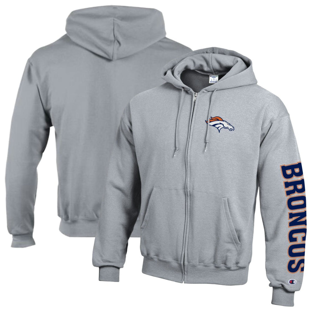 Denver Broncos Champion Powerblend Fleece Full-Zip Hoodie - Heather Gray Hoodies