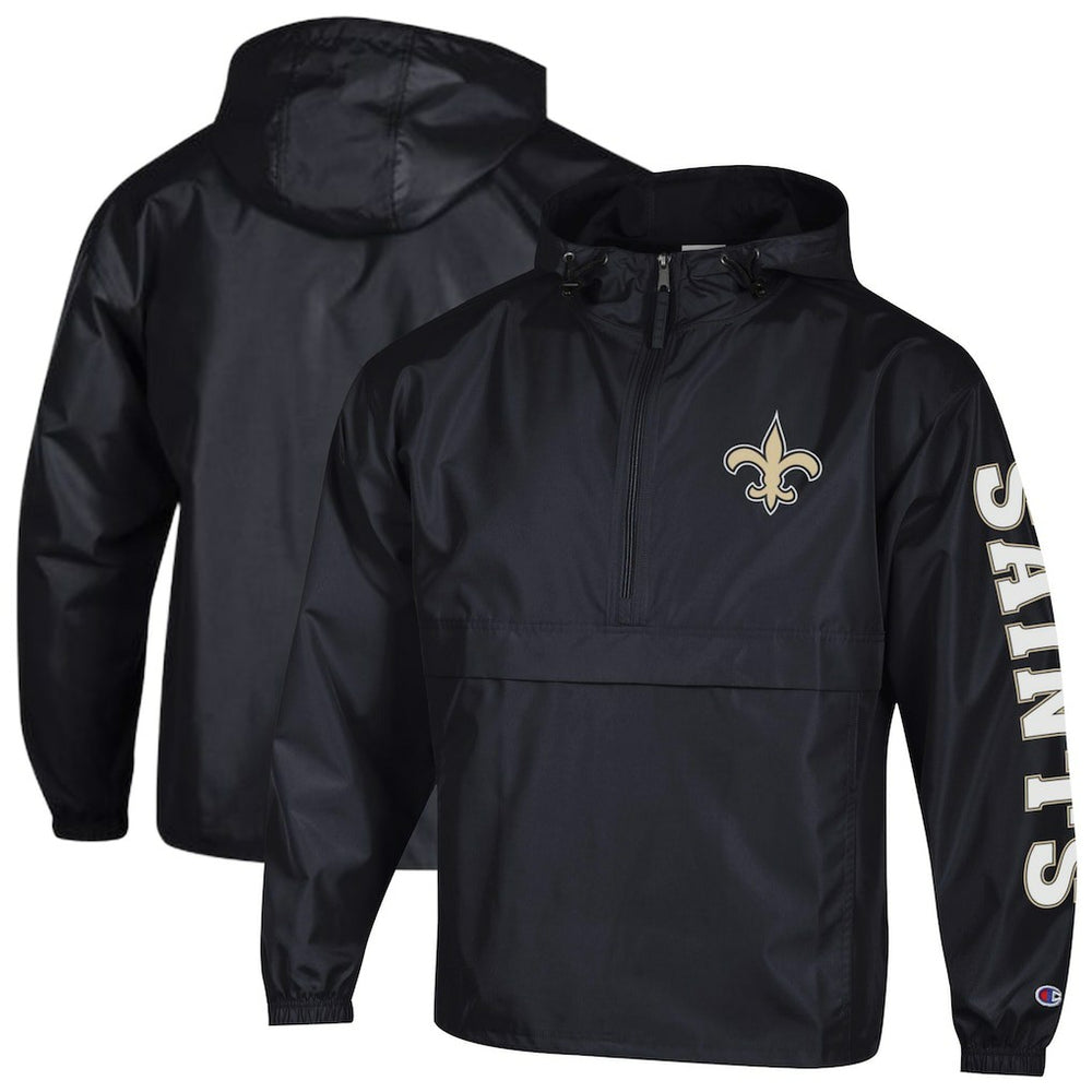 New Orleans Saints Champion Packable Windbreaker Half-Zip Jacket - Black Jackets