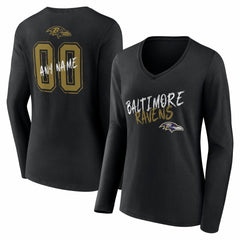 Baltimore Ravens Women's Hustle Personalized Name & Number Long Sleeve V-Neck T-Shirt - Black T-shirts