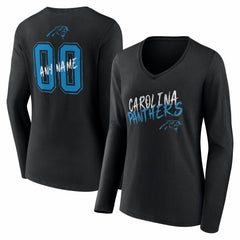 Carolina Panthers Women's Hustle Personalized Name & Number Long Sleeve V-Neck T-Shirt - Black T-shirts