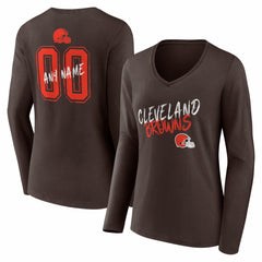 Cleveland Browns Women's Hustle Personalized Name & Number Long Sleeve V-Neck T-Shirt - Brown T-shirts