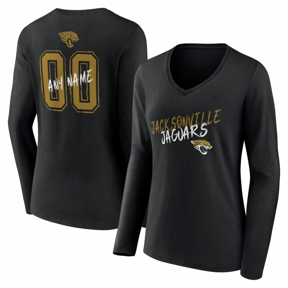 Jacksonville Jaguars Women's Hustle Personalized Name & Number Long Sleeve V-Neck T-Shirt - Black T-shirts