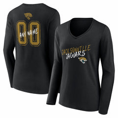 Jacksonville Jaguars Women's Hustle Personalized Name & Number Long Sleeve V-Neck T-Shirt - Black T-shirts