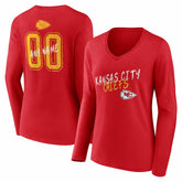 Kansas City Chiefs Women's Hustle Personalized Name & Number Long Sleeve V-Neck T-Shirt - Red T-shirts