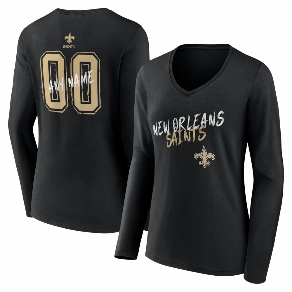 New Orleans Saints Women's Hustle Personalized Name & Number Long Sleeve V-Neck T-Shirt - Black T-shirts