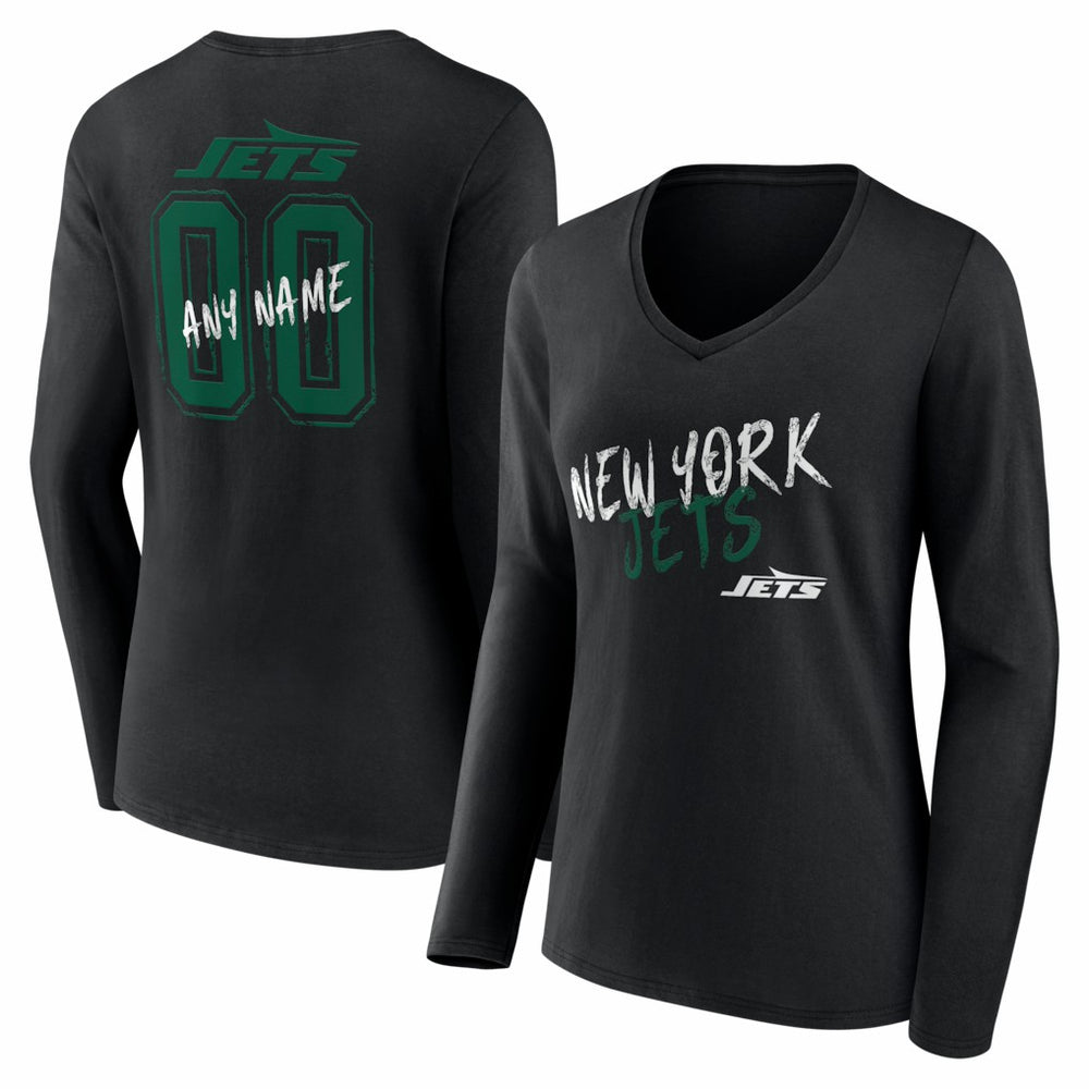 New York Jets Women's Hustle Personalized Name & Number Long Sleeve V-Neck T-Shirt - Black T-shirts
