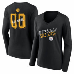 Pittsburgh Steelers Women's Hustle Personalized Name & Number Long Sleeve V-Neck T-Shirt - Black T-shirts