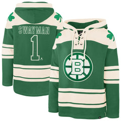 Jeremy Swayman Boston Bruins '47 St. Patrick's Day Player Name & Number Lacer Pullover Hoodie - Kelly Green | US 203730593