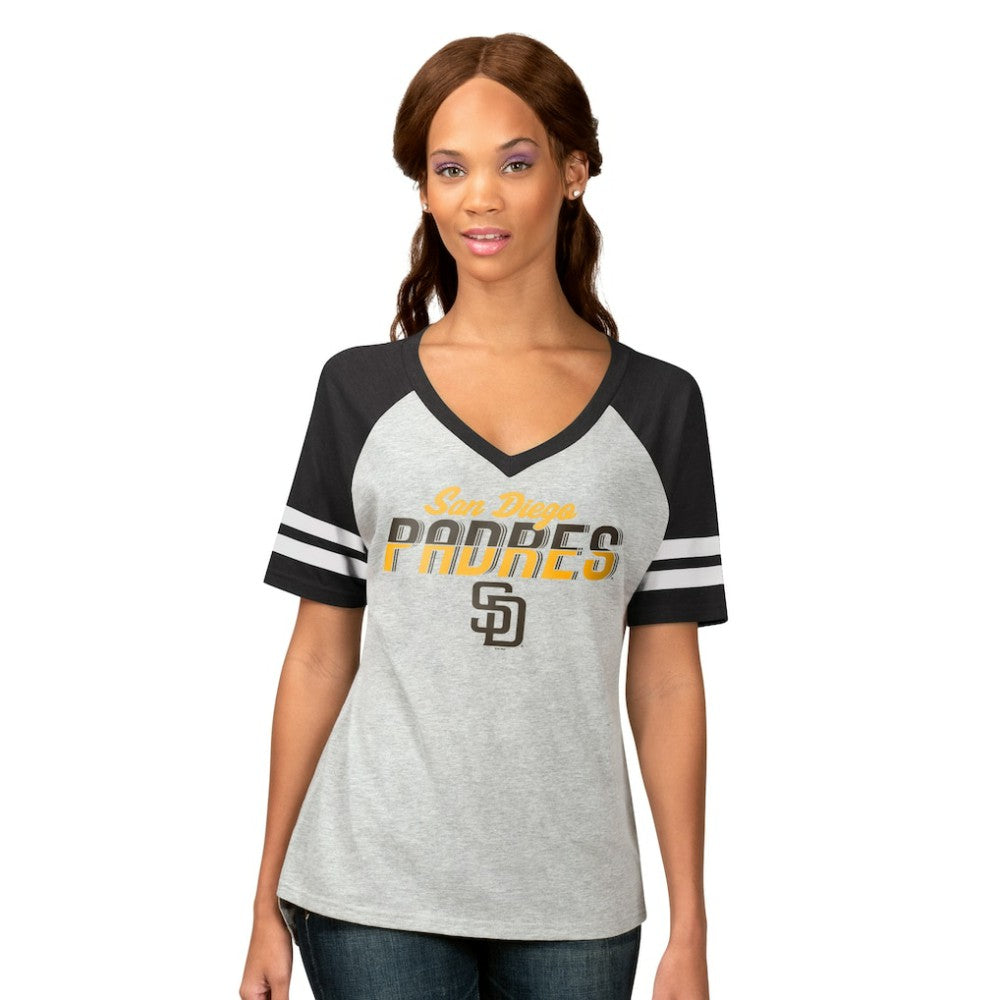 San Diego Padres G-III 4Her by Carl Banks Women's Goal Line Raglan V-Neck T-Shirt - Heather Gray T-shirts