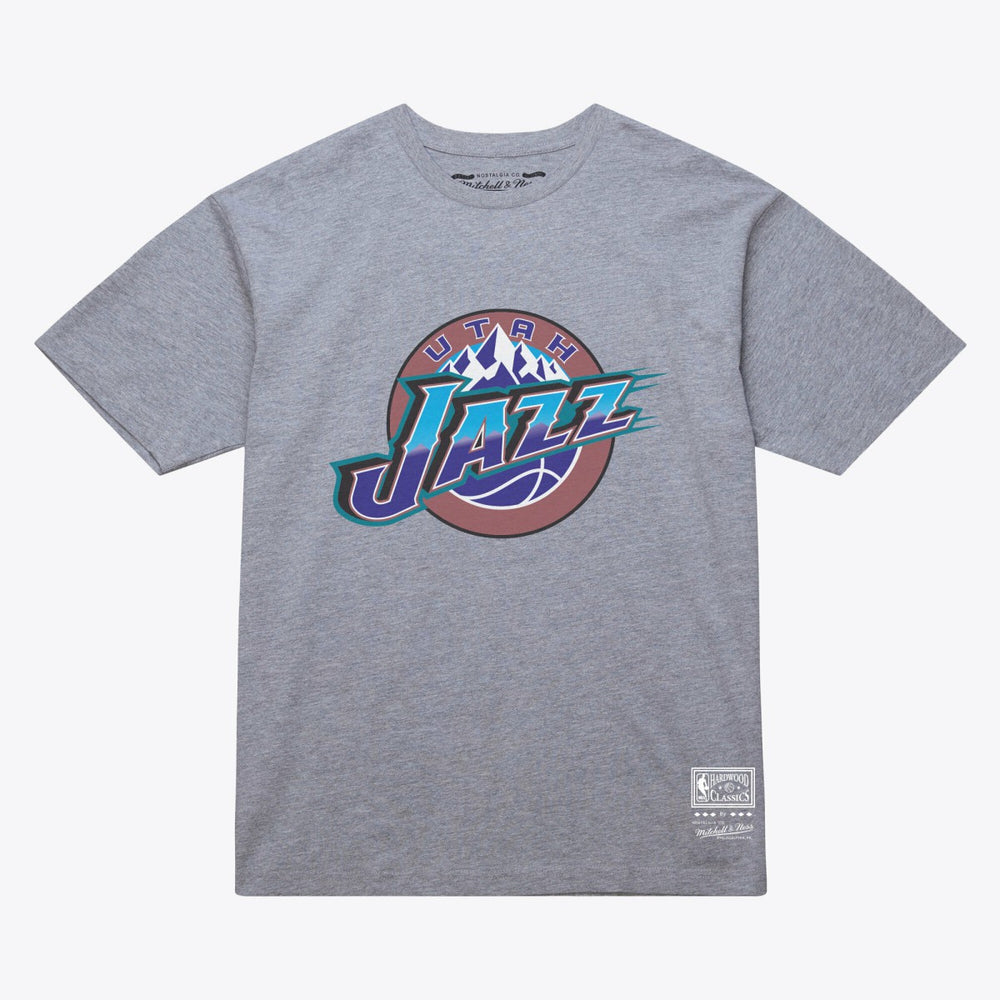 Utah Jazz Unisex Hardwood Classics Arch T-Shirt Heather Gray - Mitchell & Ness