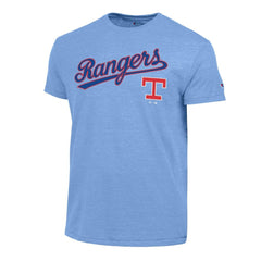Texas Rangers Champion Cooperstown Wordmark Lockup Tri-Blend T-Shirt - Light Blue T-shirts