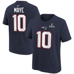 Drake Maye New England Patriots Youth Super Bowl LX Patch Name & Number T-Shirt - Navy T-shirts