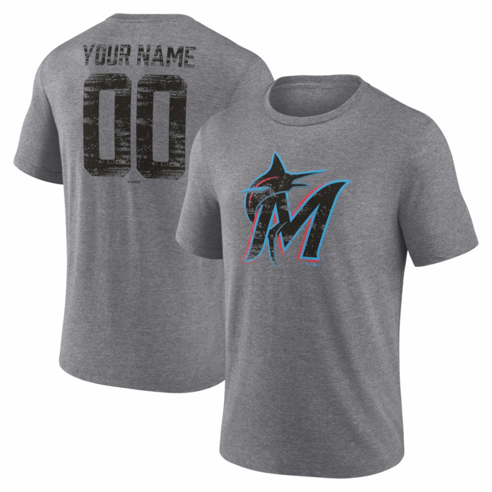 Miami Marlins Heritage Personalized Any Name & Number Tri-Blend T-Shirt - Gray T-shirts