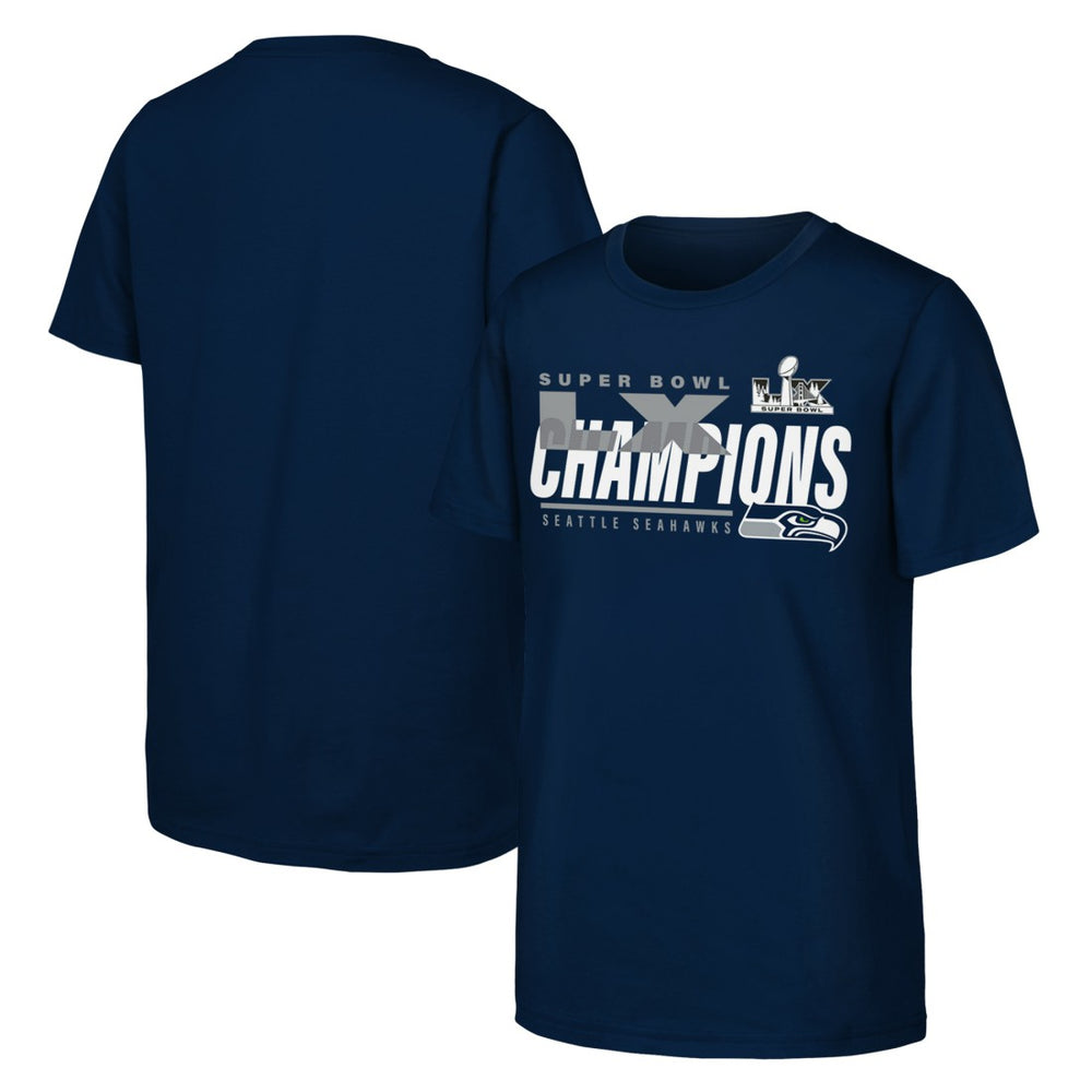 Seattle Seahawks Youth Super Bowl LX Champions Iconic Victory T-Shirt - College Navy T-shirts