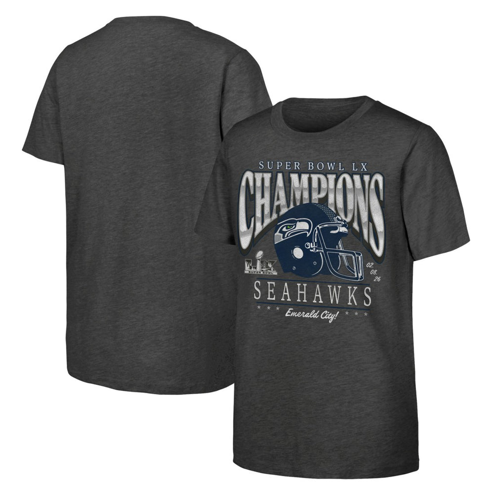 Seattle Seahawks Youth Super Bowl LX Champions Prestigious Run Helmet T-Shirt - Charcoal T-shirts