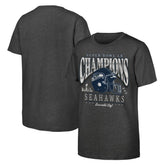Seattle Seahawks Youth Super Bowl LX Champions Prestigious Run Helmet T-Shirt - Charcoal T-shirts