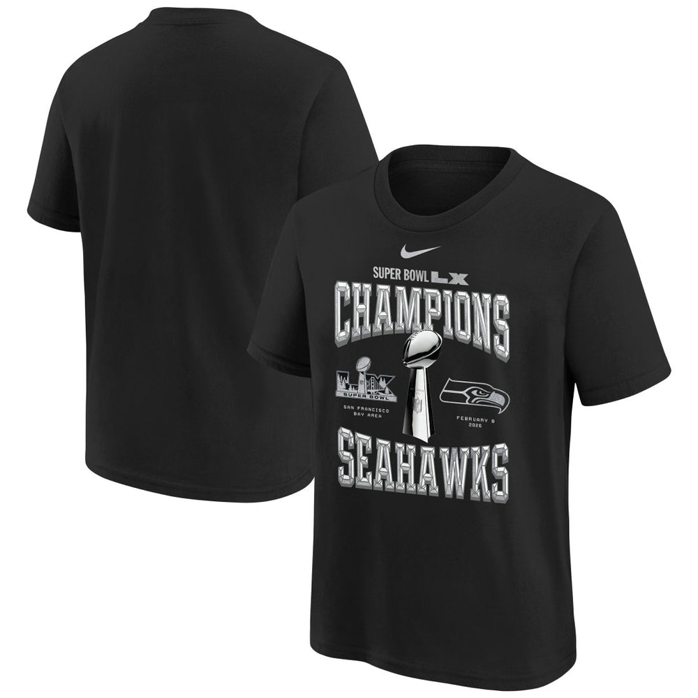 Seattle Seahawks Youth Super Bowl LX Champions Locker Room Trophy Collection Replica T-Shirt - Black T-shirts
