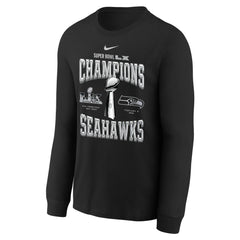 Seattle Seahawks Youth Super Bowl LX Champions Locker Room Trophy Collection Long Sleeve T-Shirt - Black T-shirts