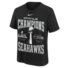 Seattle Seahawks Youth Super Bowl LX Champions Locker Room Trophy Collection Authentic T-Shirt - Black T-shirts