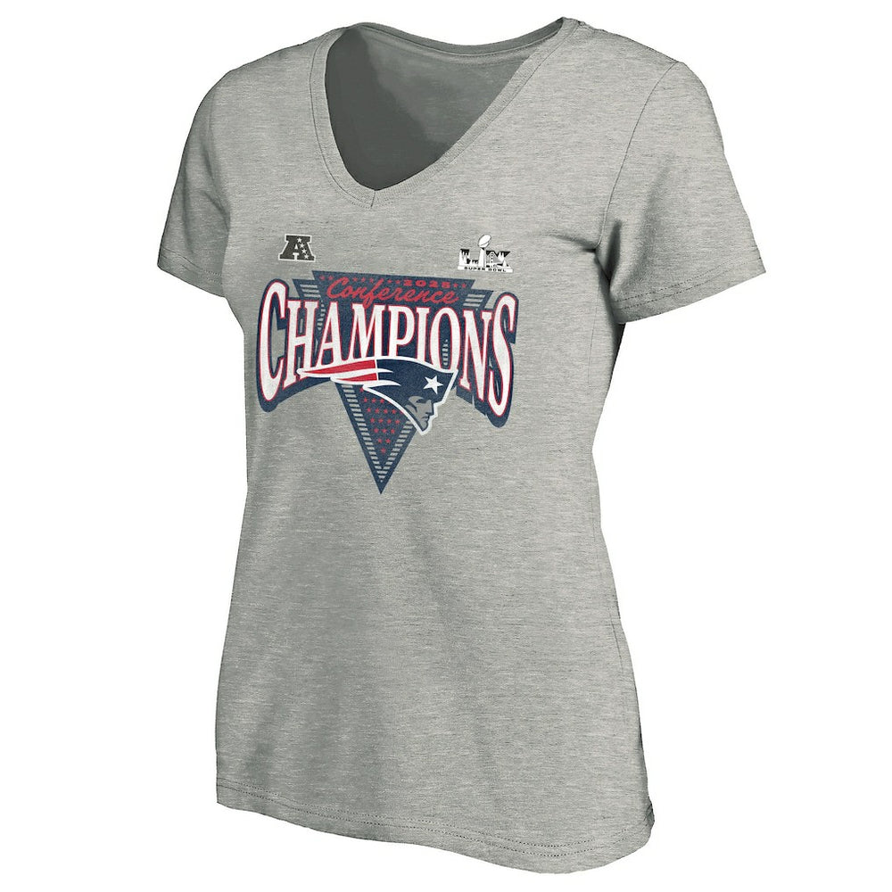 New England Patriots Women's 2025 AFC Champions Plus Size Hail Mary Tri-Blend V-Neck T-Shirt - Heather Gray T-shirts
