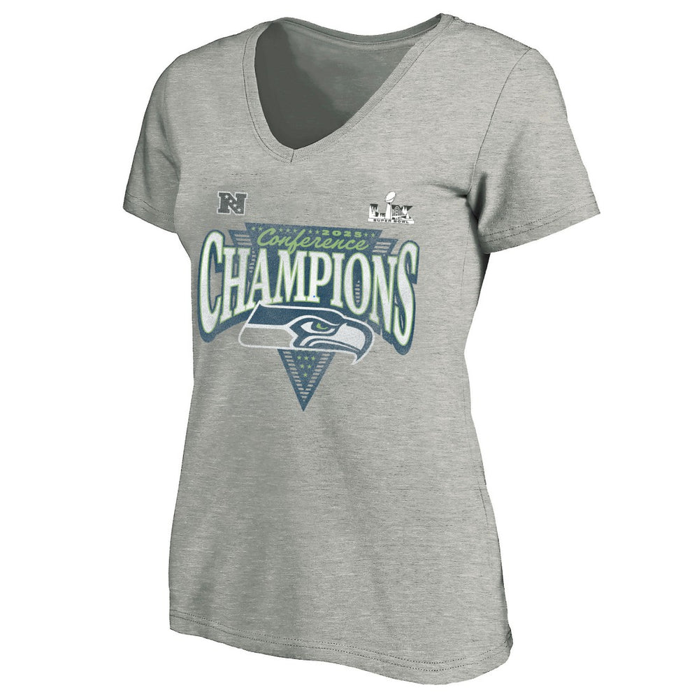 Seattle Seahawks Women's 2025 NFC Champions Plus Size Hail Mary Tri-Blend V-Neck T-Shirt - Heather Gray T-shirts