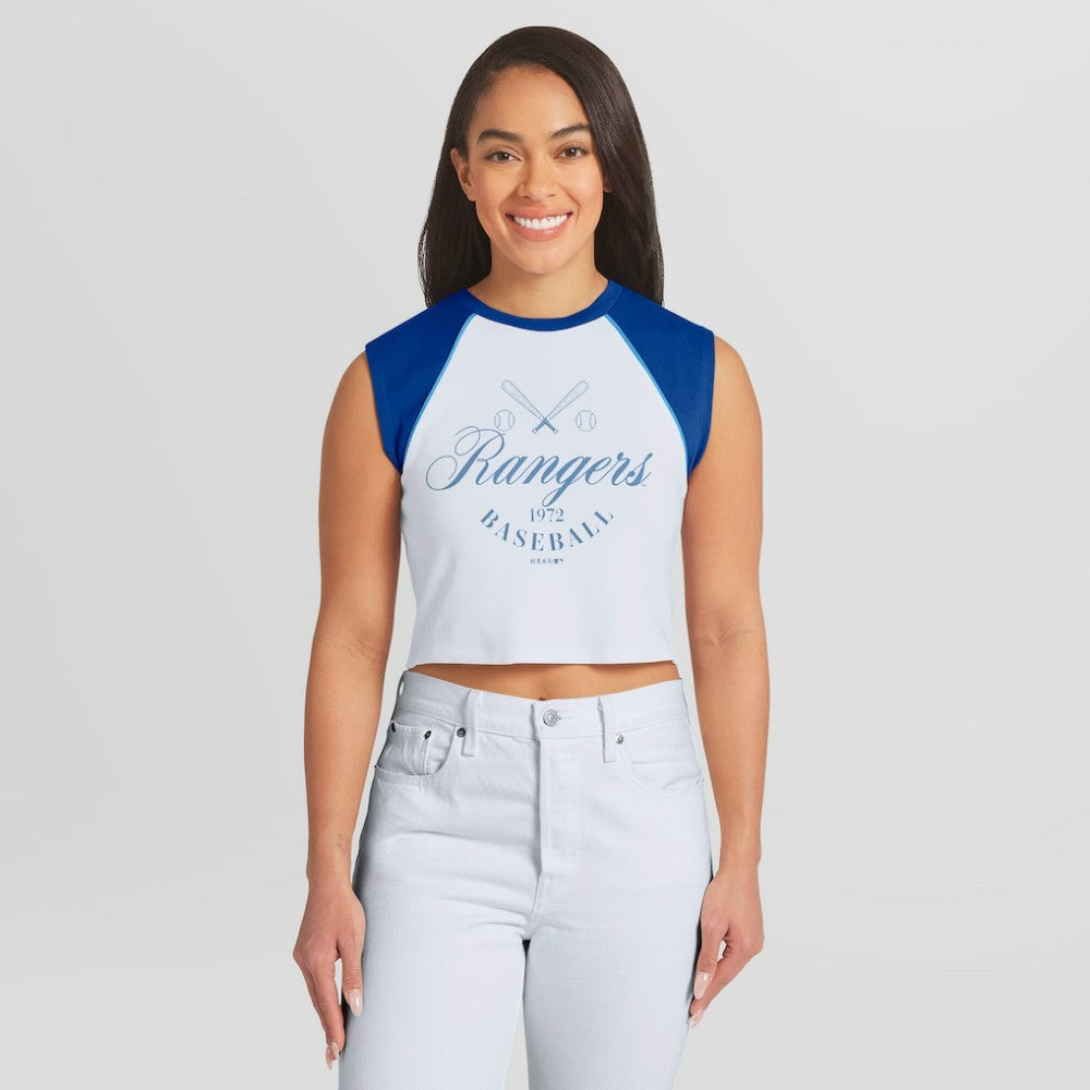 Texas Rangers WEAR by Erin Andrews Women's Cooperstown Cropped Raglan Tank Top - White Tanks