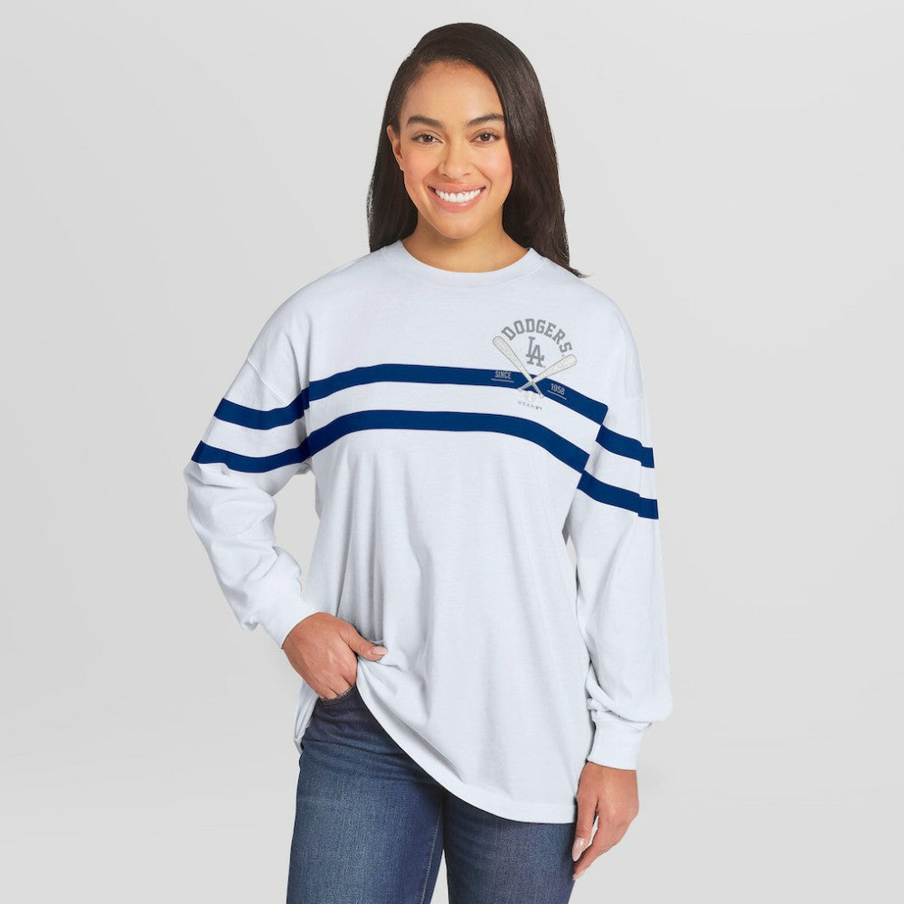 Los Angeles Dodgers WEAR by Erin Andrews Women's Oversized Long Sleeve Striped T-Shirt - White T-shirts