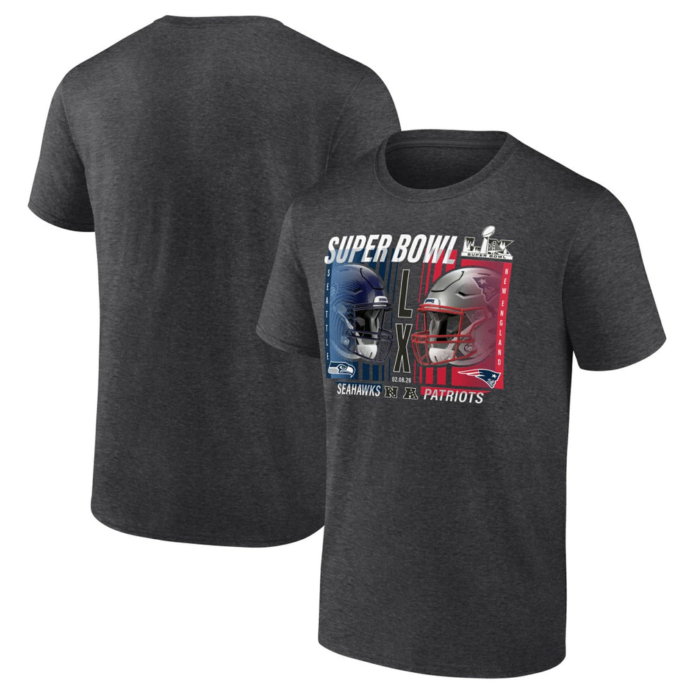 New England Patriots vs. Seattle Seahawks Super Bowl LX Big & Tall Final Battle Dueling T-Shirt - Heather Charcoal T-shirts