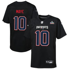 Drake Maye New England Patriots Youth Super Bowl LX Patch Carbon Fashion Game Jersey - Black Jerseys