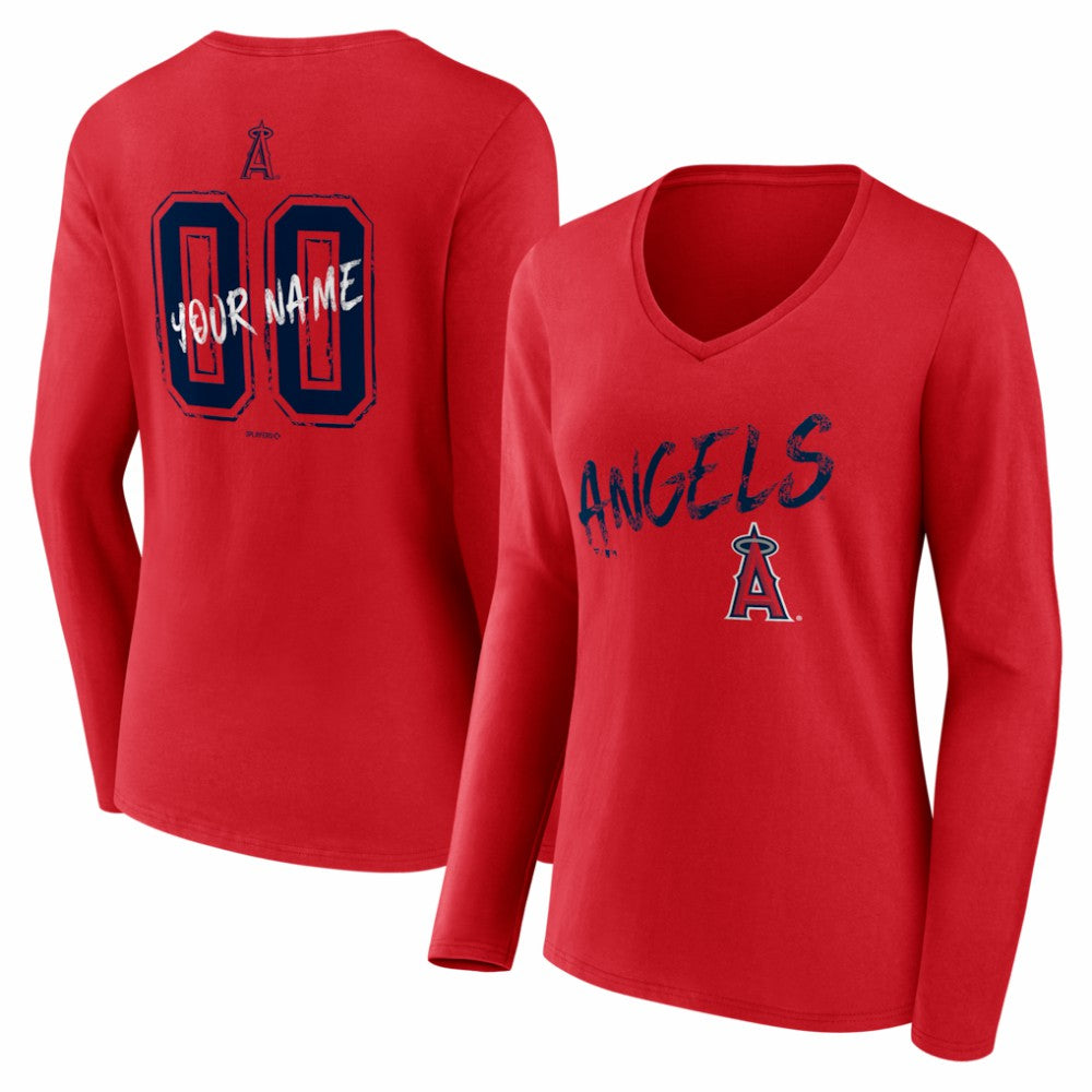Los Angeles Angels Women's Hustle Personalized Name & Number Long Sleeve V-Neck T-Shirt - Red T-shirts