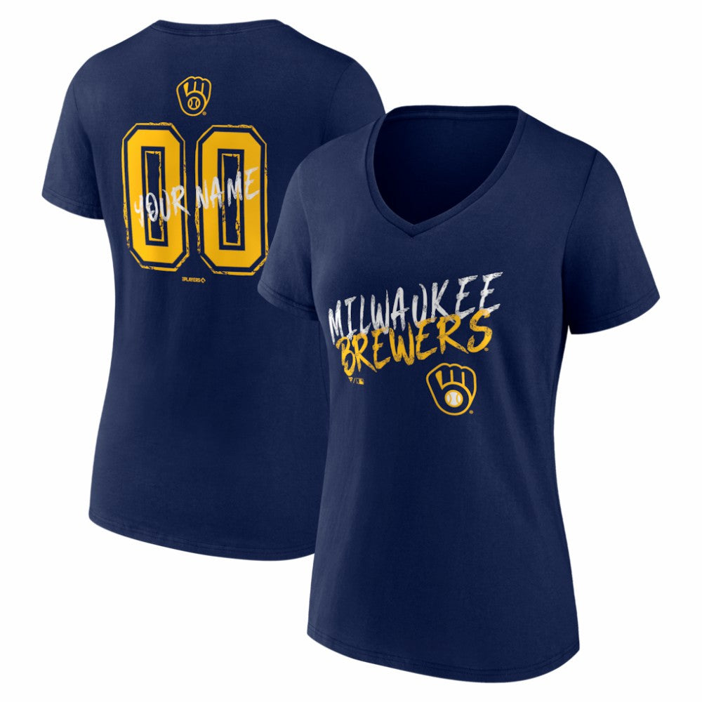 Milwaukee Brewers Women's Hustle Personalized Name & Number V-Neck T-Shirt - Navy T-shirts