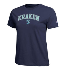 Seattle Kraken Champion Women's Arch Mascot Logo T-Shirt - Navy | US 203898286