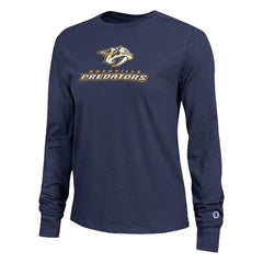 Nashville Predators Champion Women's Wordmark Lockup Long Sleeve T-Shirt - Navy | US 203898294