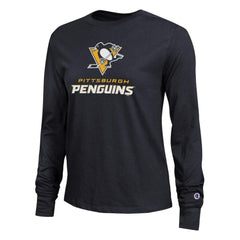 Pittsburgh Penguins Champion Women's Wordmark Lockup Long Sleeve T-Shirt - Black | US 203898301
