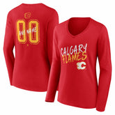 Calgary Flames Women's Hustle Personalized Name & Number Long Sleeve V-Neck T-Shirt - Red | US 203920993