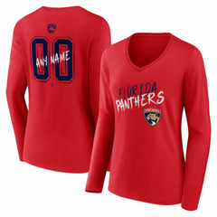 Florida Panthers Women's Hustle Personalized Name & Number Long Sleeve V-Neck T-Shirt - Red | US 203921040