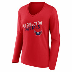 Washington Capitals Women's Hustle Personalized Name & Number Long Sleeve V-Neck T-Shirt - Red | US 203921140