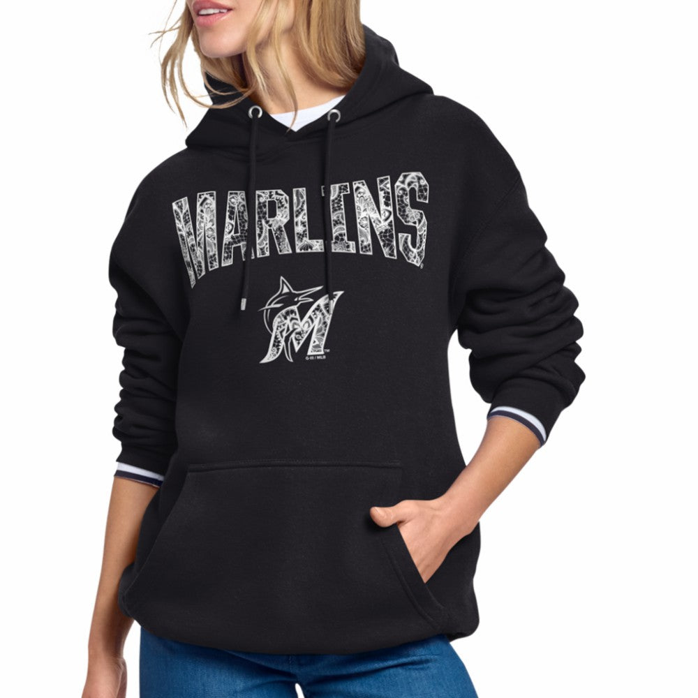 Miami Marlins Starter Women's Lace Team Lockup Fleece Hoodie - Black Hoodies